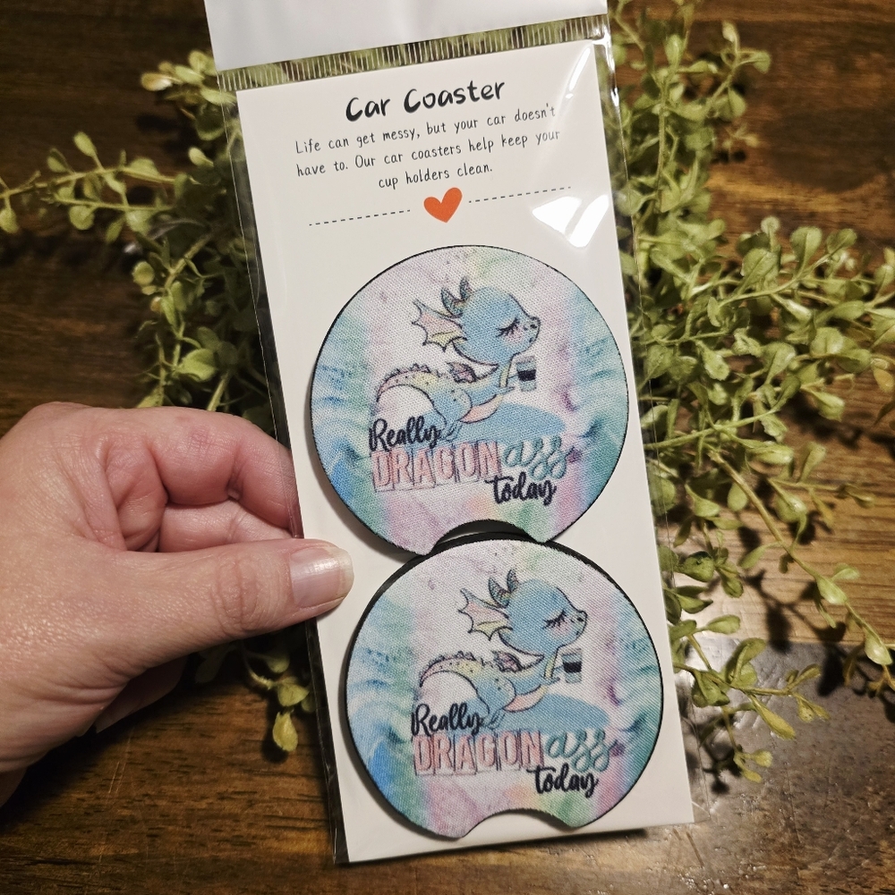 Dragon-Themed Car Coaster Set - Blue and Pink